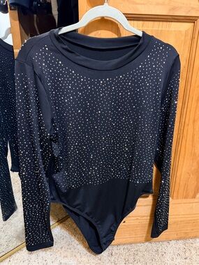 Black Rhinestone Long-Sleeve Bodysuit - Women's Top